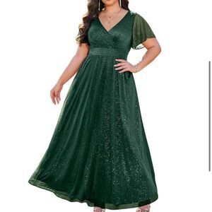 Wedding Guest Gown Dress  V Neck Flutter Sleeve Glitter Prom & Parties NWT 16W